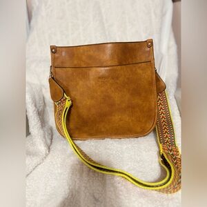 Brown Leather Shoulder Bag with Multicolor Strap